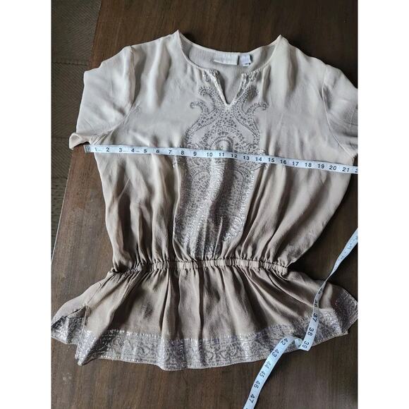 Chico's Women's Taupe Silk & Silver Metallic Ombré Embellished Sheer Blouse Sz 1 - Picture 5 of 9